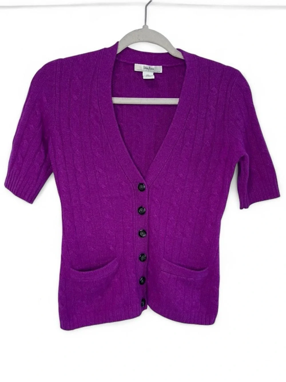 Neiman Marcus 100% Cashmere Short Sleeve Cardigan Sweater Purple XS Pocket Knit